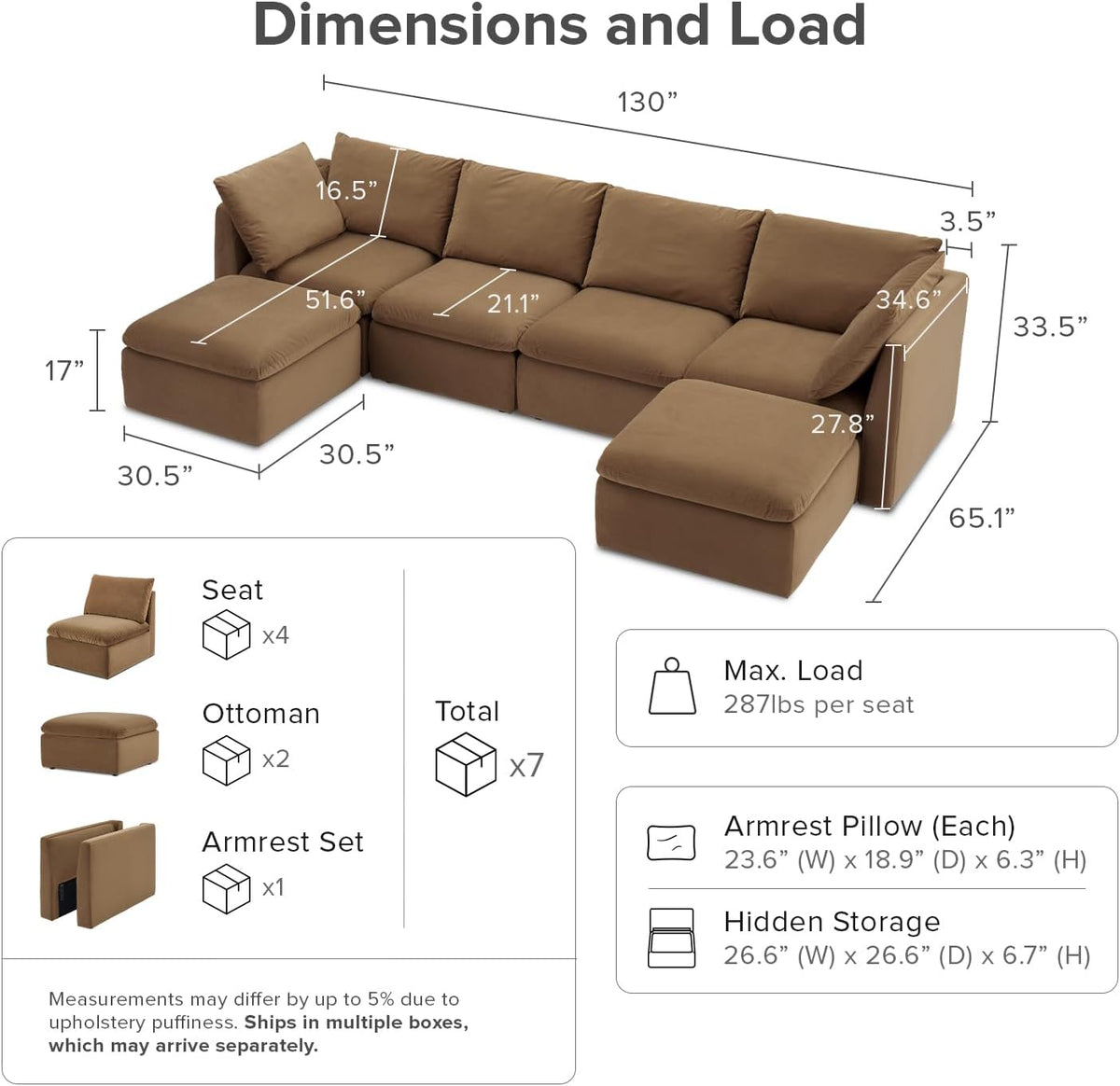 mopio Oversized Modular Sectional Sofa with Fully Removable Covers and Storage, Convertible U