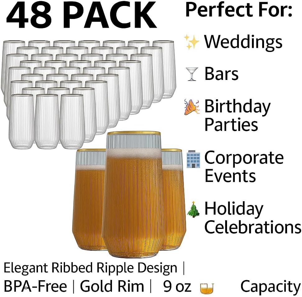 48 Pack Ribbed Ripple Stemless Toasting Glasses, Origami Durable 9 Oz BPA-Free Disposable Plastic