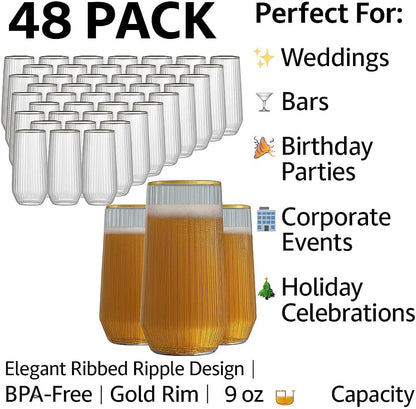 48 Pack Ribbed Ripple Stemless Toasting Glasses, Origami Durable 9 Oz BPA-Free Disposable Plastic
