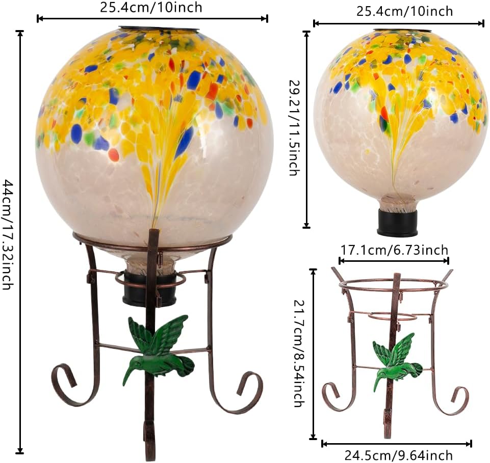 10" Diameter Solar Gazing Ball and 8.5" Metal Stand Indoor Outdoor Yard Art Ornament Coloful Spot