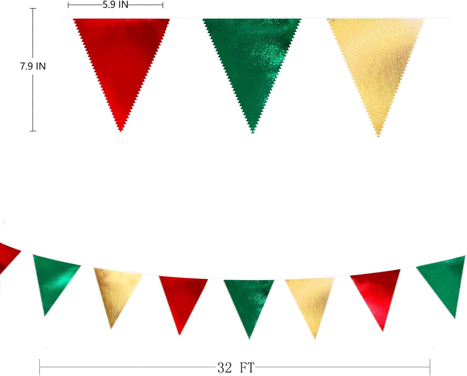 Christmas Party Decorations Triangle Pennant Banner Flag Red Green Gold Metallic Fabric Bunting