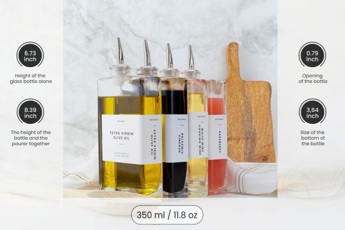 Molimoli Olive Oil Dispenser Bottle for Kitchen, Automatic Pourer, Glass Dispenser for Kitchen