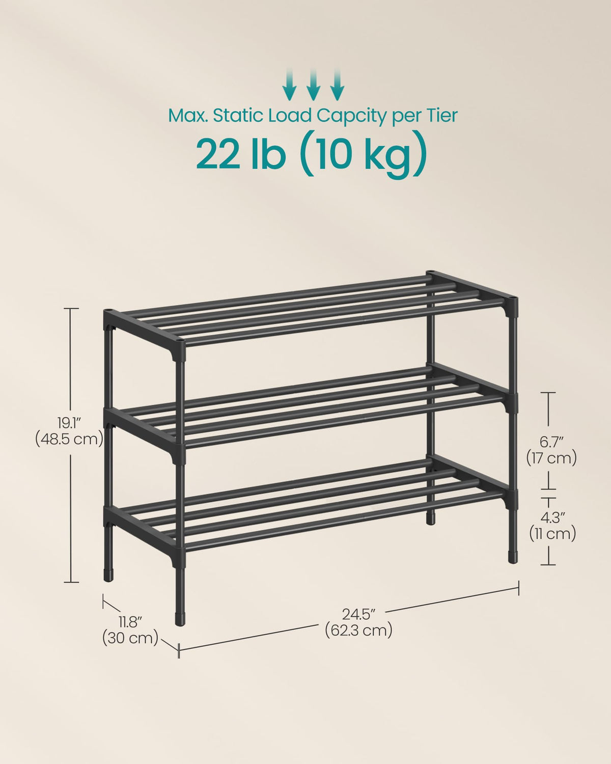 SONGMICS 3-Tier Shoe Rack, Stackable Compact Metal Shoe Storage Organizer