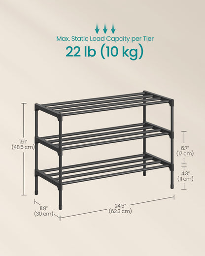 SONGMICS 3-Tier Shoe Rack, Stackable Compact Metal Shoe Storage Organizer
