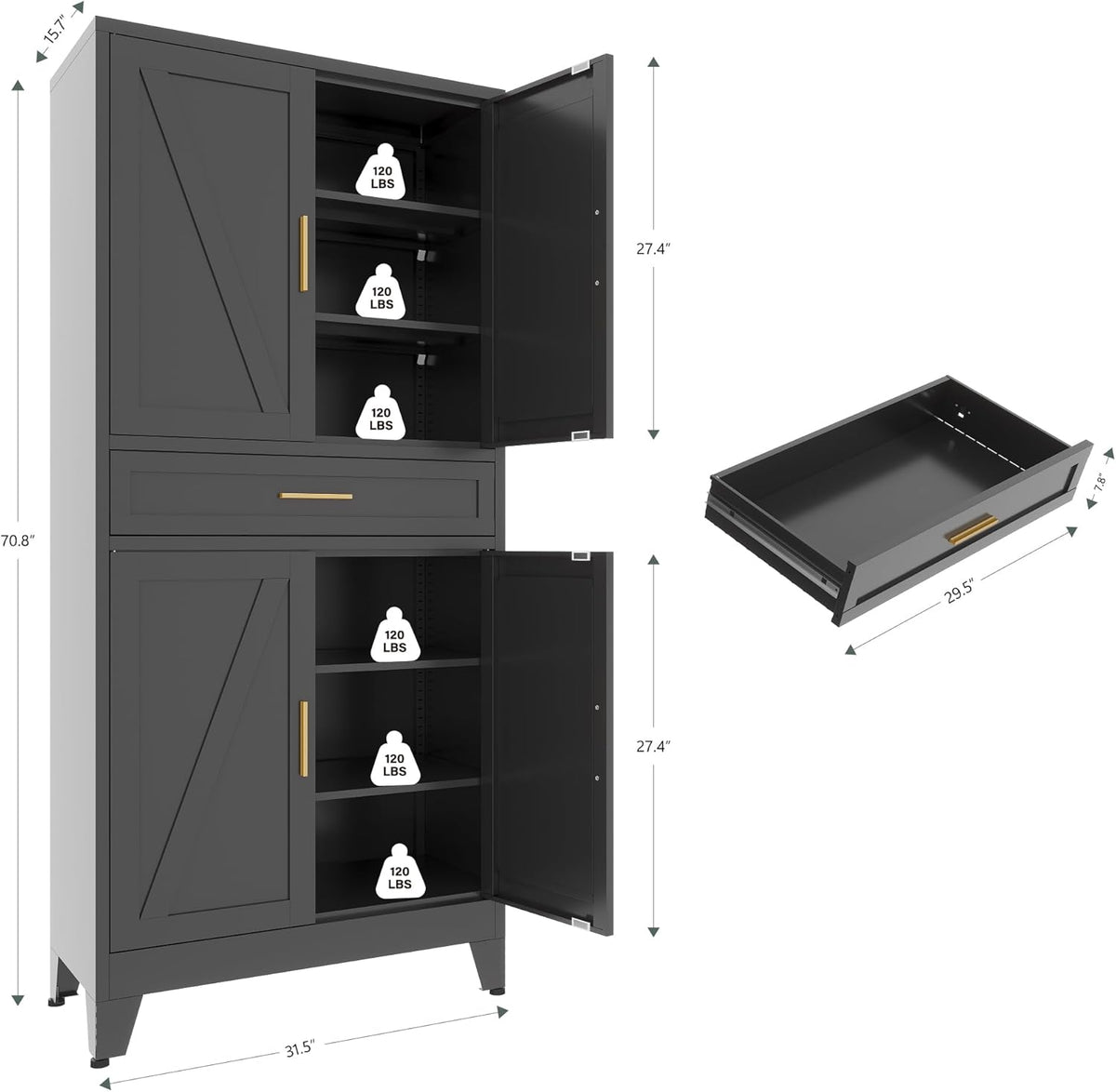 71 "Farmhouse Metal Filing Cabinet with a Drawer and 4 Adjustable Shelves, with 4 Large barn Door