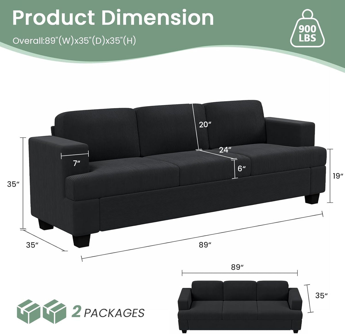 3 Pieces Corduroy Couch Set for Living Room, 8 Seats Cloud Sofa, Deep Seat Floor Couch for Bedroom