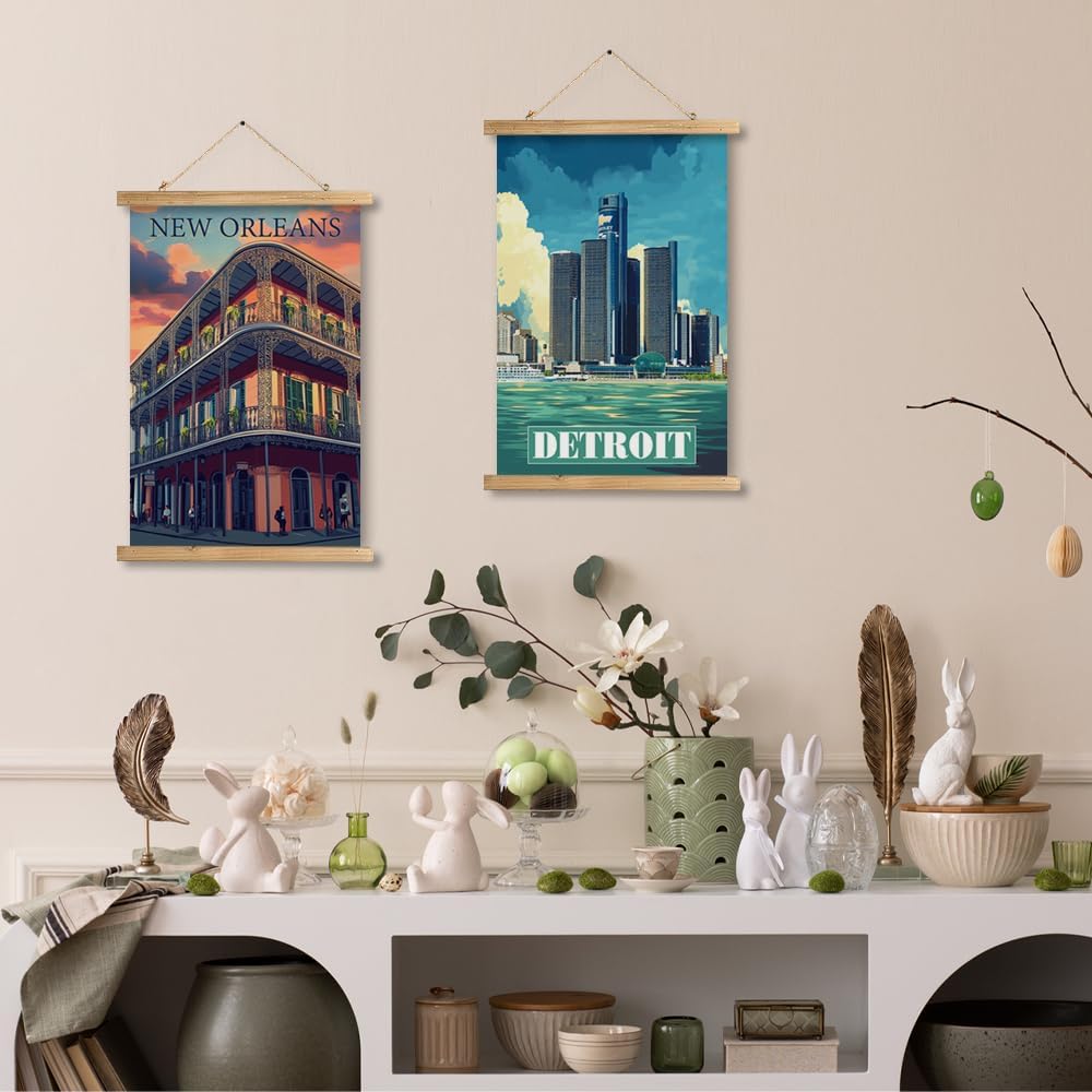 WREVERW Vintage New Orleans Poster Canvas Print with Wooden Hanger Frame, Featuring French Quarter