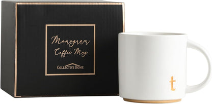 COLLECTIVE HOME - Monogram Ceramic Mugs, 15 oz Golden Initial Coffee Cups, Elegant Alphabet Tea