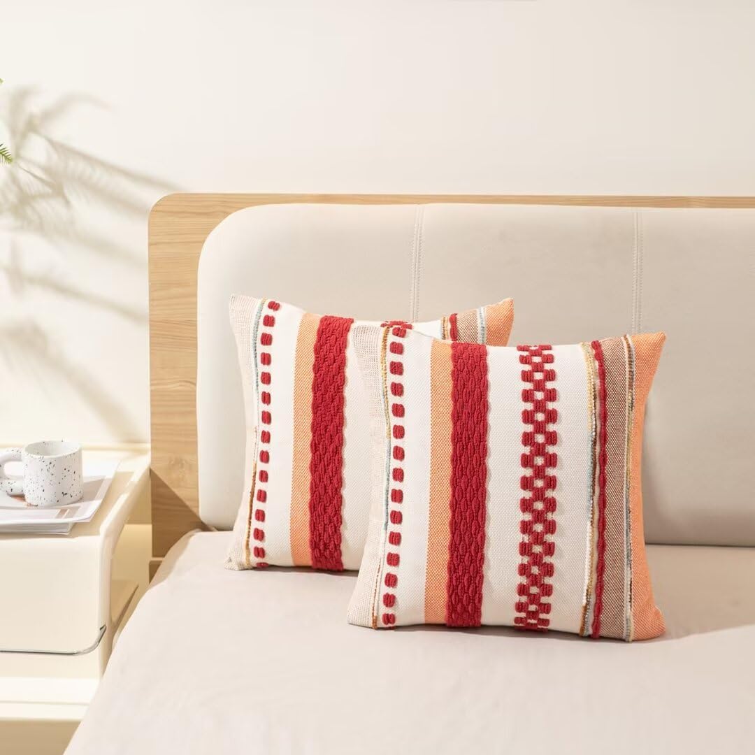Boho Throw Pillow Covers 18x18 Set of 2 Christmas Decorative Cushion Case Striped Square Pillows
