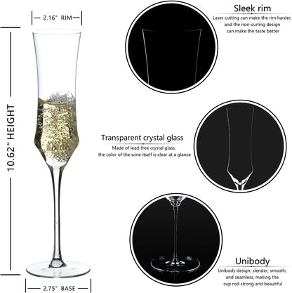 Champagne Flutes Set of 6 - Hand Blown Crystal Champagne Glasses With Long Stem - 7 oz Elegant