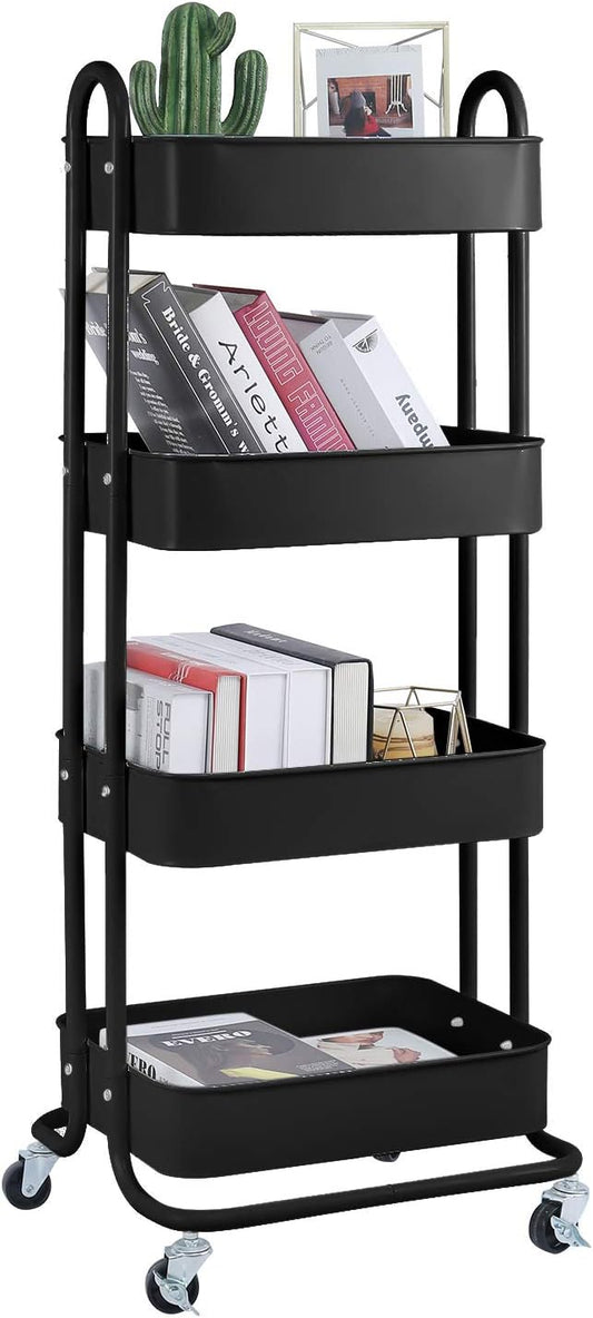 4-Tier Metal Mesh Utility Rolling Cart Storage Organizer Shelf Rack with Lockable Wheels for Living