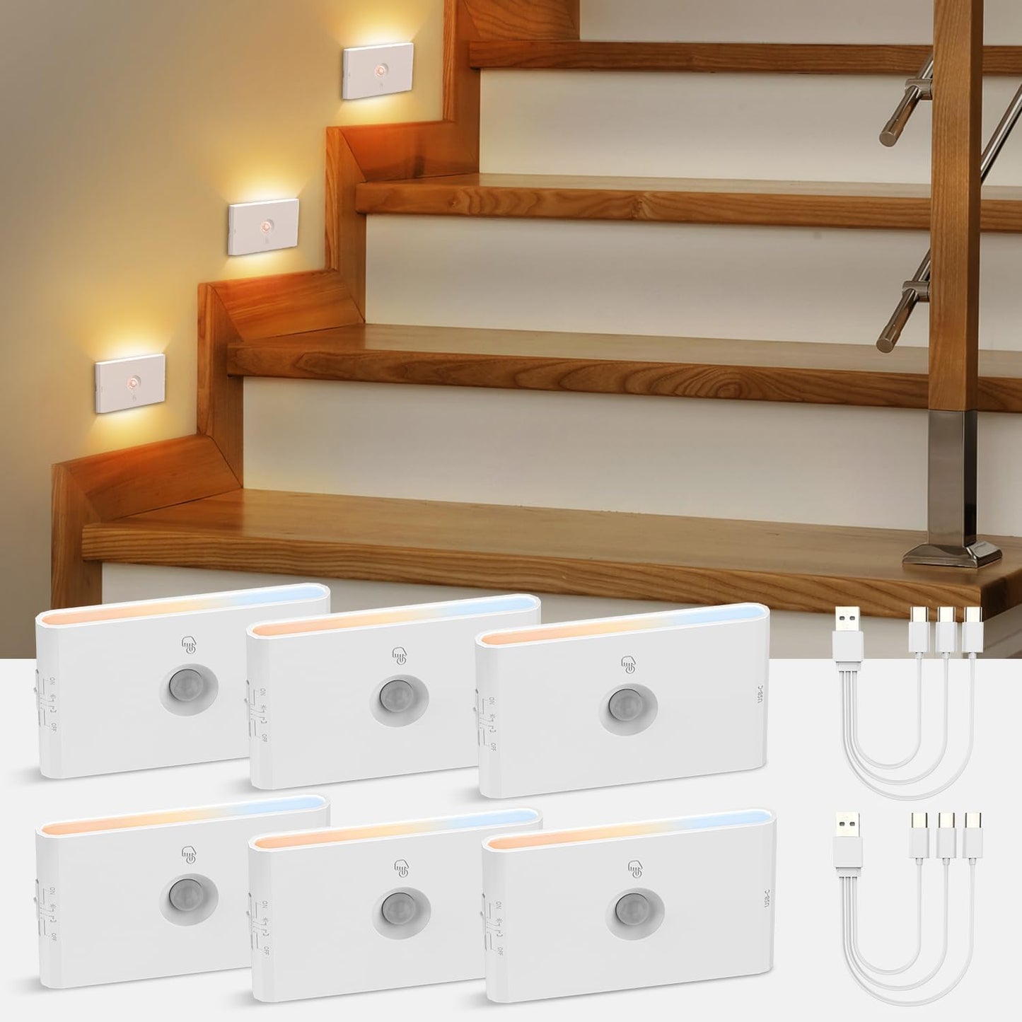 wowatt Rechargeable Motion Sensor Stair Light, White Night Lights with Magnetic Mount, Dimmable