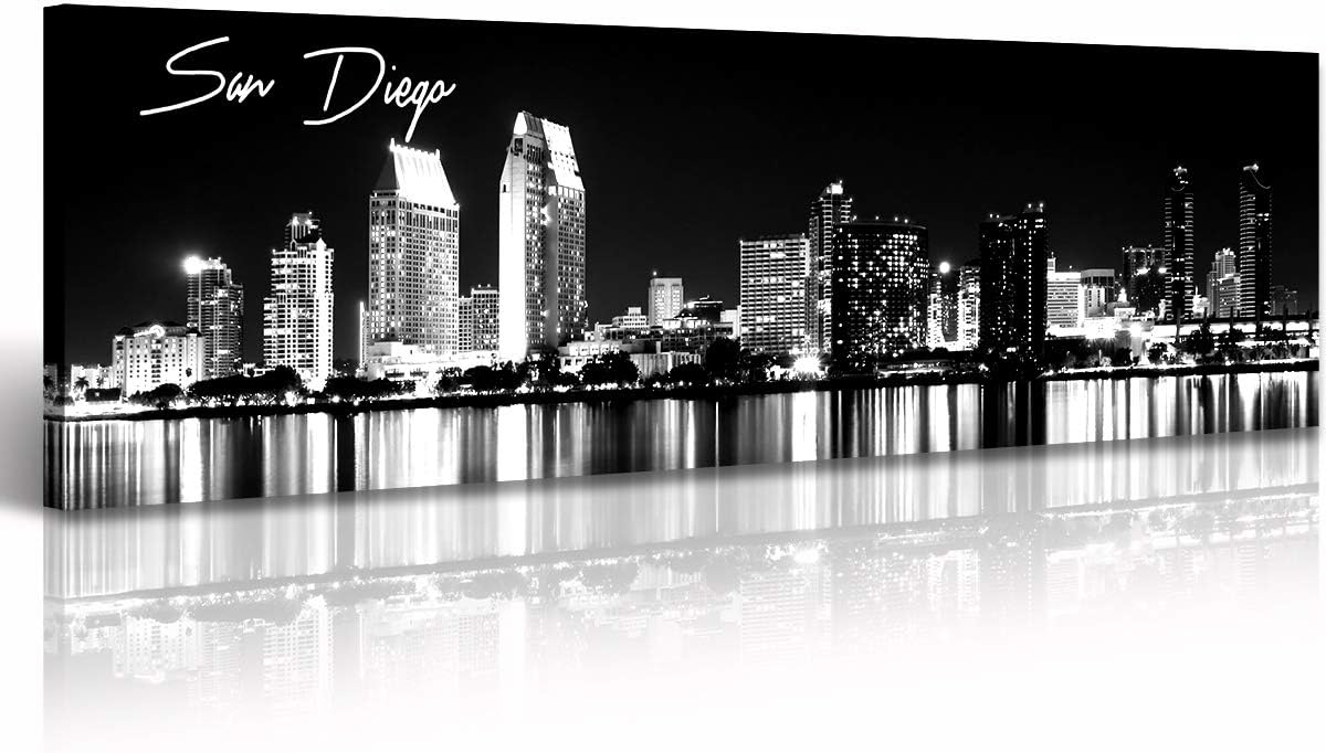 DJSYLIFE San Diego Skyline Wall Art Black and White Night View USA Cityscape California Pictures