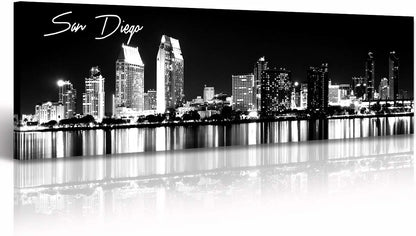 DJSYLIFE San Diego Skyline Wall Art Black and White Night View USA Cityscape California Pictures