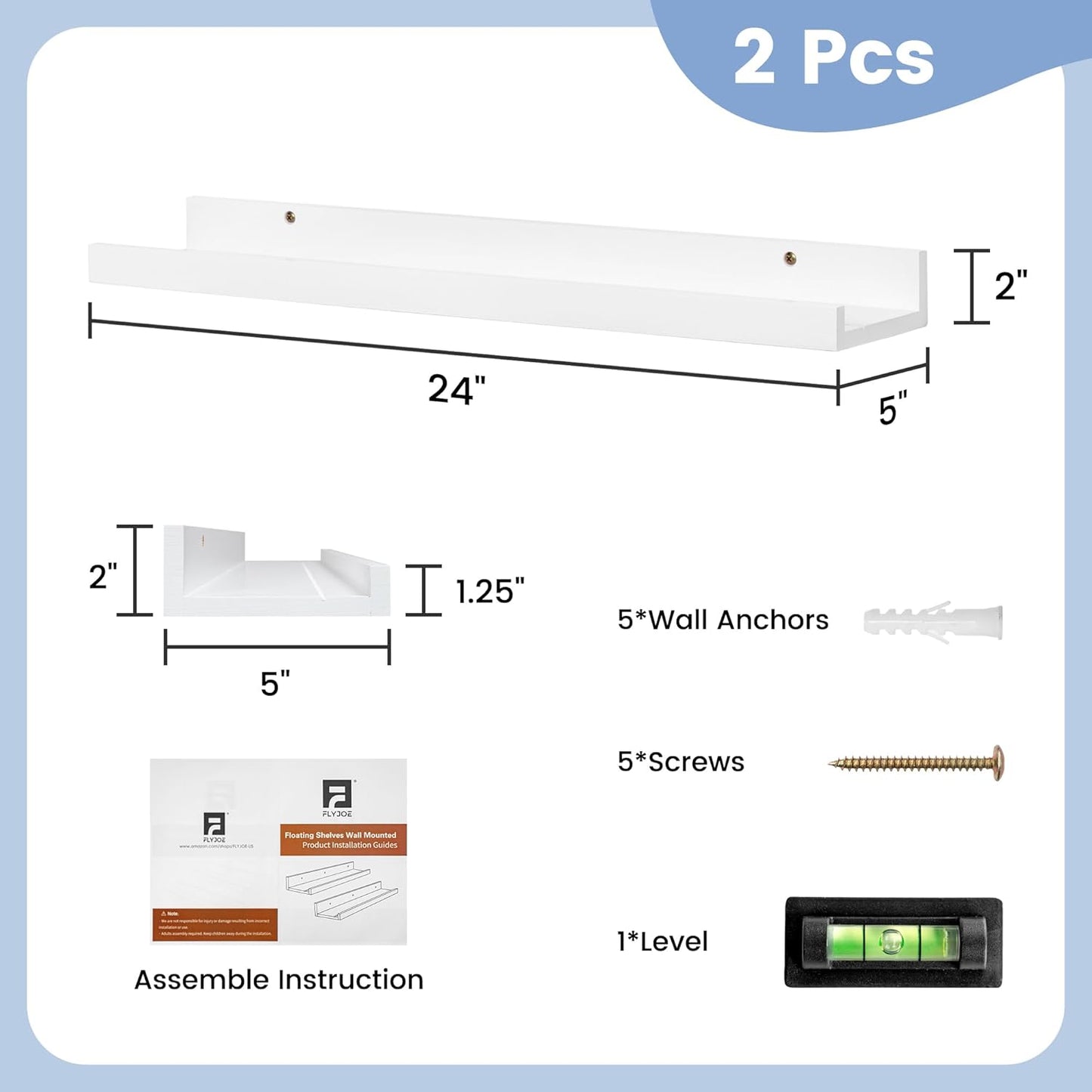Picture Ledge Shelf for Wall, 24 inch Solid Pine Wood Nursery Book Shelves 2 Packs, Floating Ledge