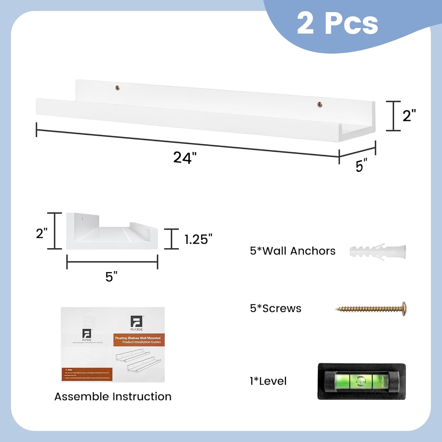 Picture Ledge Shelf for Wall, 24 inch Solid Pine Wood Nursery Book Shelves 2 Packs, Floating Ledge