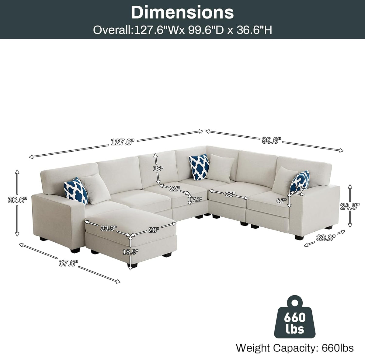 L Lengend Vansen Modular Sectional Sofa U Shaped Couch with Ottoman Modern Reversible Corner