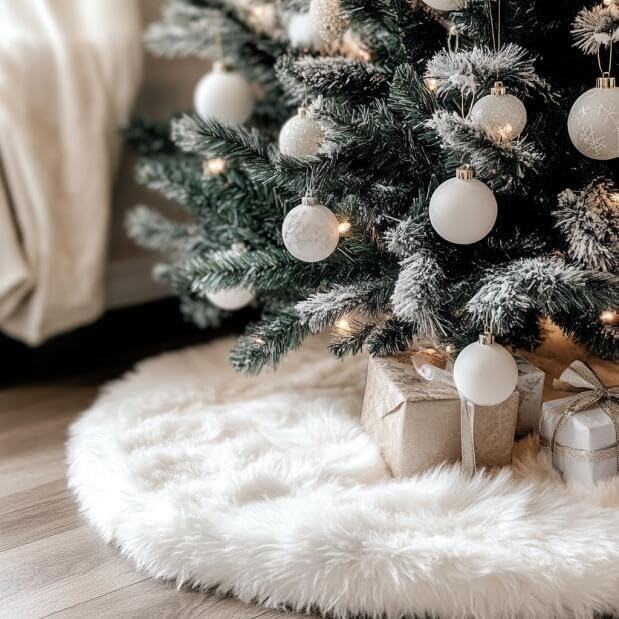 AOGU 48 Inch Faux Fur Christmas Tree Skirt White Plush Skirt for Merry Christmas Party Christmas