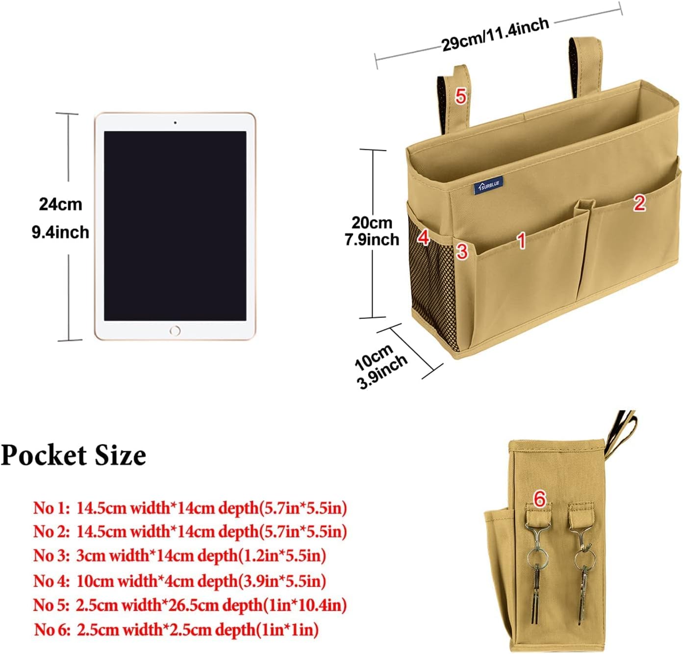 Surblue Bedside Caddy Hanging Organizer Bedside Storage Bag for Bunk and Hospital Beds (Small