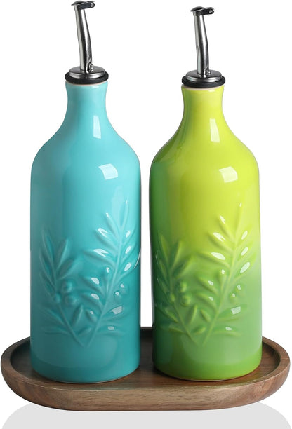 Sweejar Ceramic Olive Oil Dispenser Bottle, 20 Oz Relief Opaque Oil Cruet Protects To Reduce