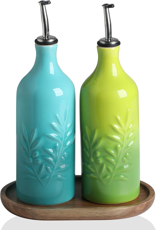 Sweejar Ceramic Olive Oil Dispenser Bottle, 20 Oz Relief Opaque Oil Cruet Protects To Reduce