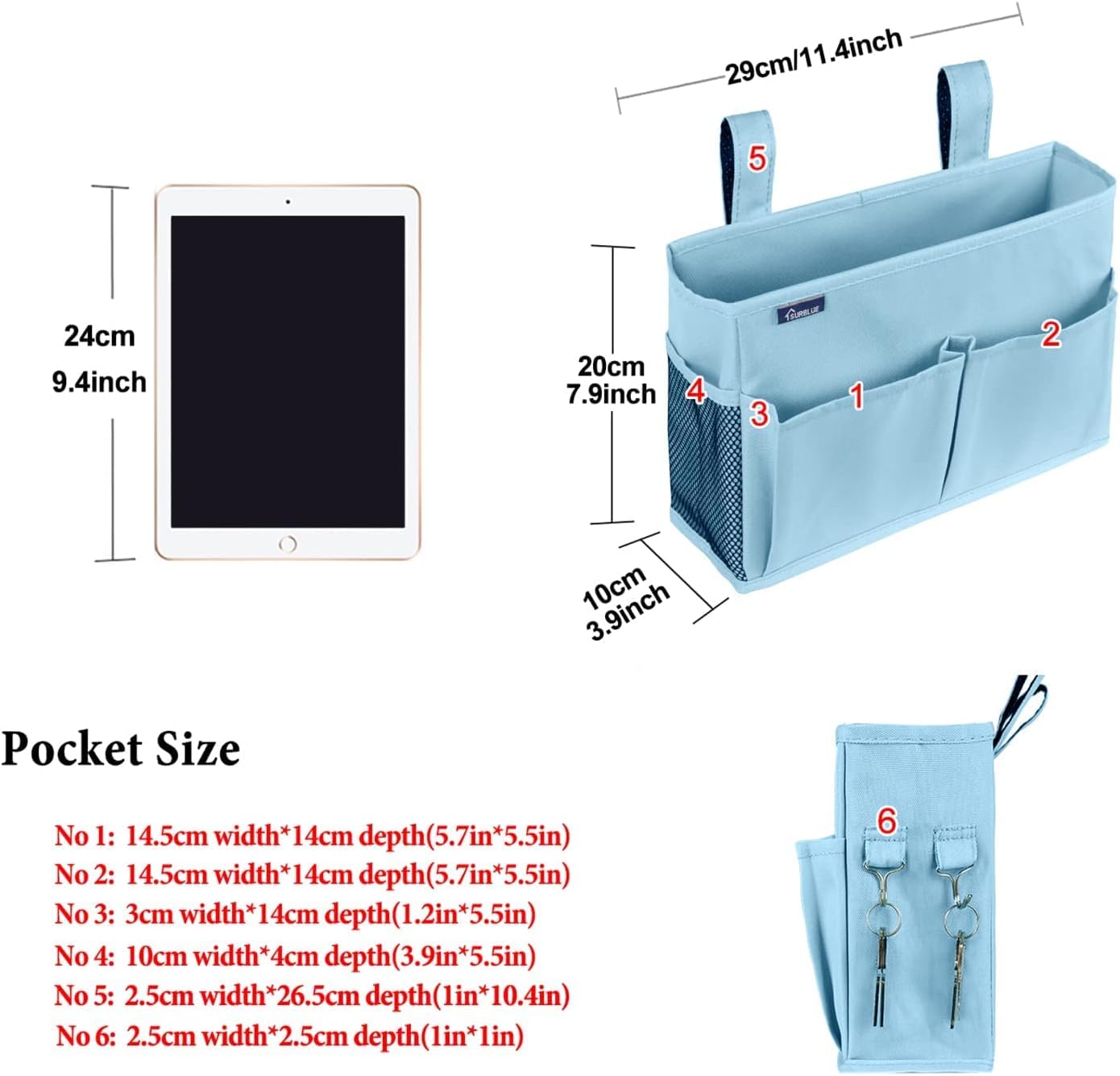 Surblue Bedside Caddy Hanging Organizer Bedside Storage Bag for Bunk and Hospital Beds (Small