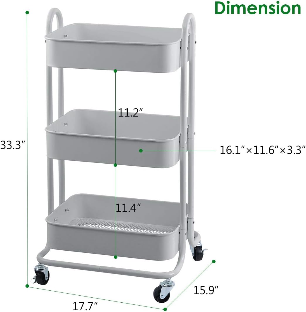 Melody House 3-Tier Metal Mesh Utility Rolling Cart Storage Organization Cart with Wheels, Light
