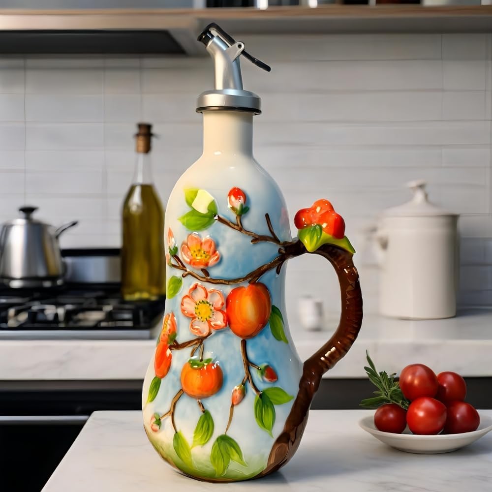 18.26oz/540ml Ceramics Olive Oil Dispenser Bottle,Hand Painted Reliefs Oil Dispenser for