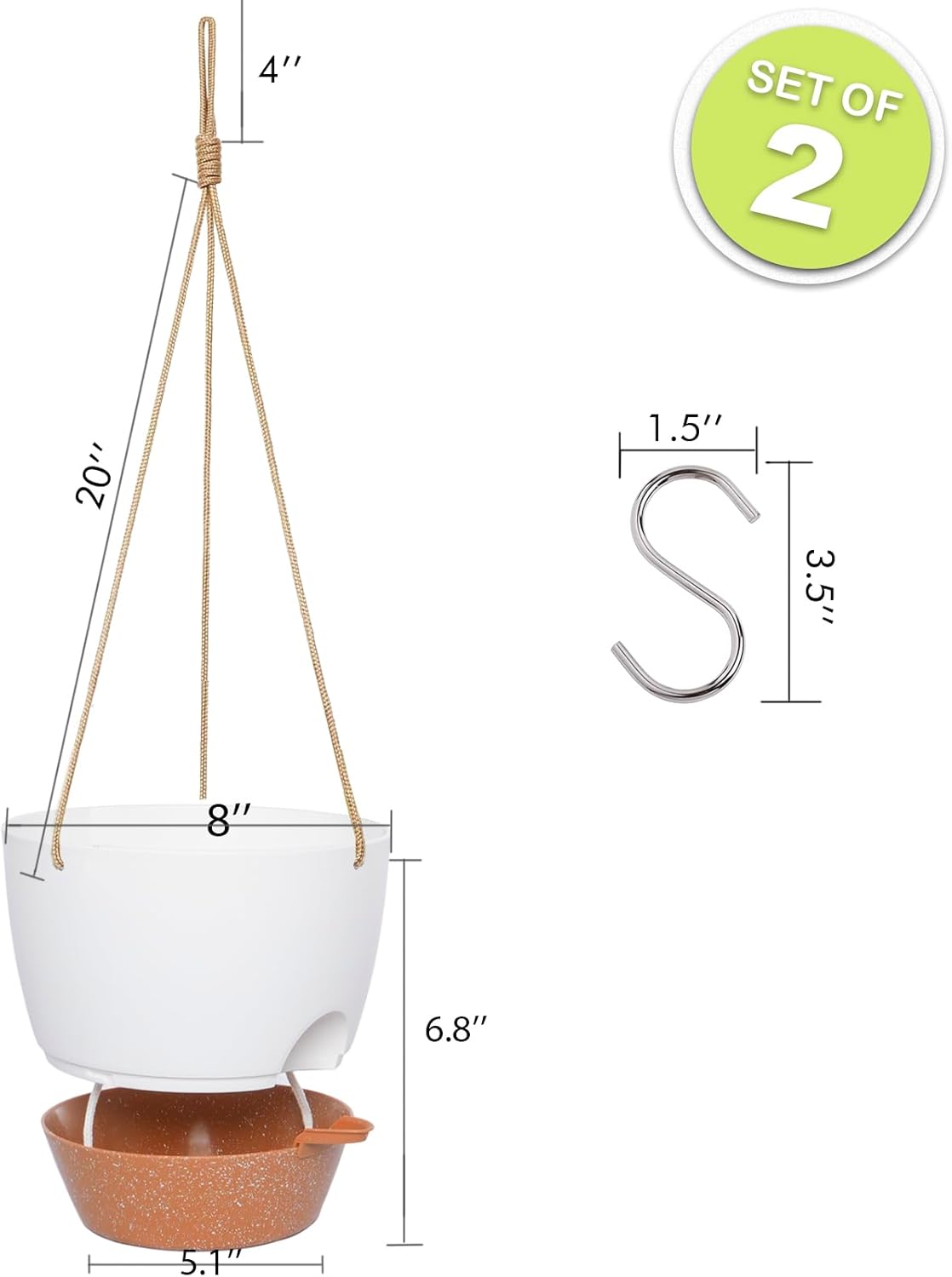 8 inch Hanging Planters, 2 Pack Self Watering Hanging Pots with 20oZ Deep Reservoir for Indoor