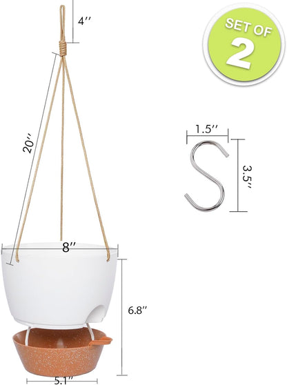 8 inch Hanging Planters, 2 Pack Self Watering Hanging Pots with 20oZ Deep Reservoir for Indoor