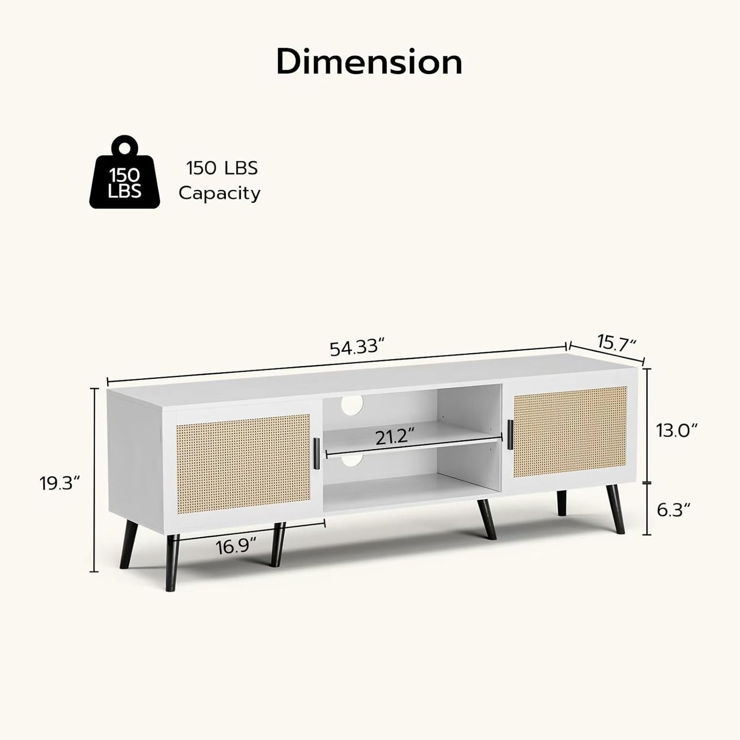 TV Stand for TVs up to 65'', Mid Century Modern Entertainment Center with Rattan Door, Shelves & 2