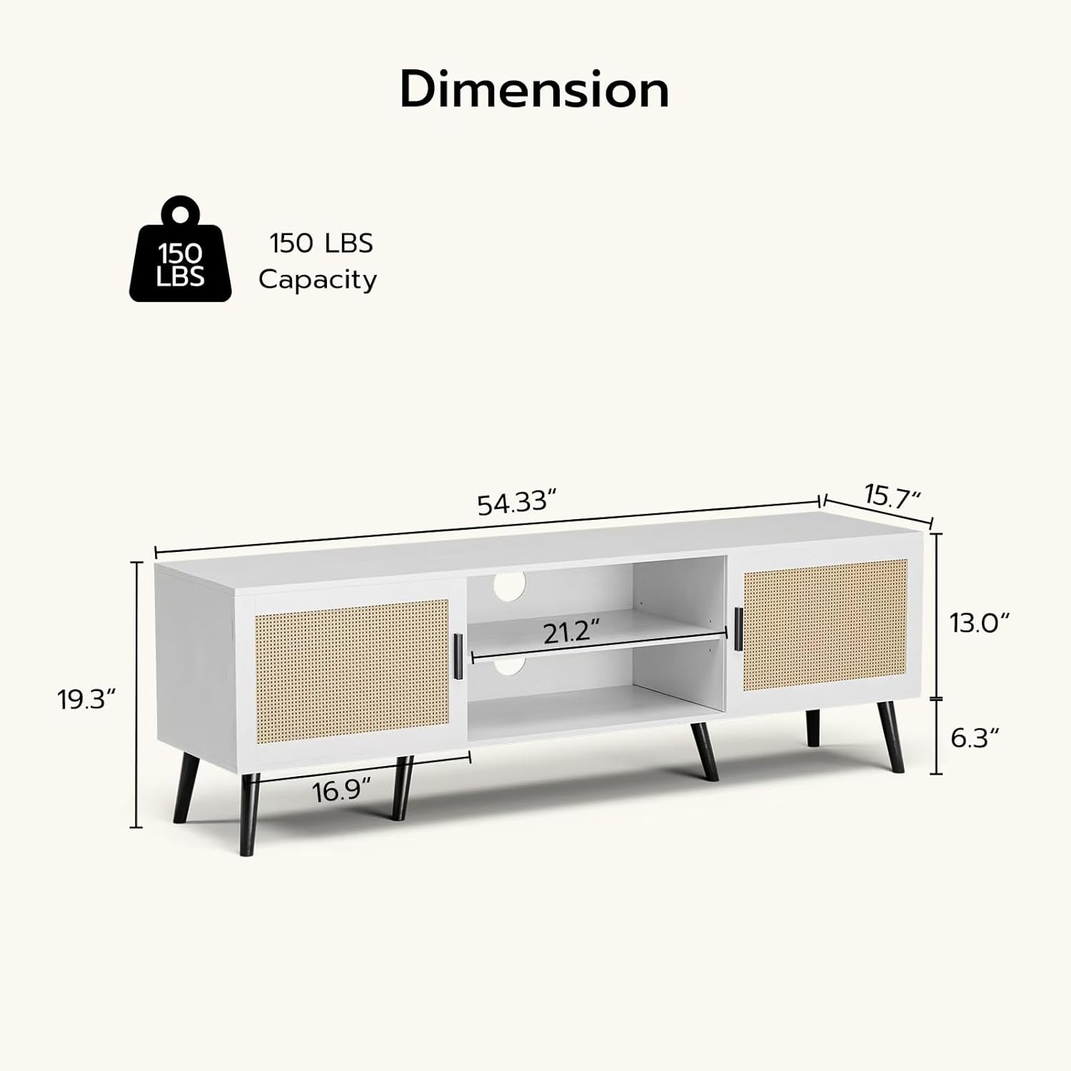 TV Stand for TVs up to 65'', Mid Century Modern Entertainment Center with Rattan Door, Shelves & 2
