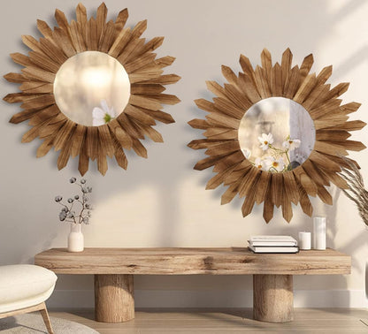 LOSOUR 2 Pack 22 Inch Boho Wall Sunburst Mirror Rustic Round Wood Decorative Mirror Boho Wall Art