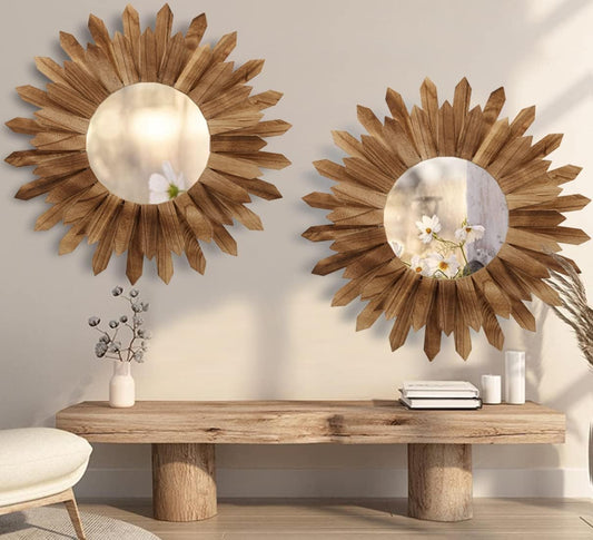 LOSOUR 2 Pack 22 Inch Boho Wall Sunburst Mirror Rustic Round Wood Decorative Mirror Boho Wall Art