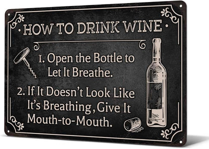 Heuhuww Funny Wine Bar Metal Sign-How To Drink Wine Wall Decor for Farmhouse Bar Station Wine