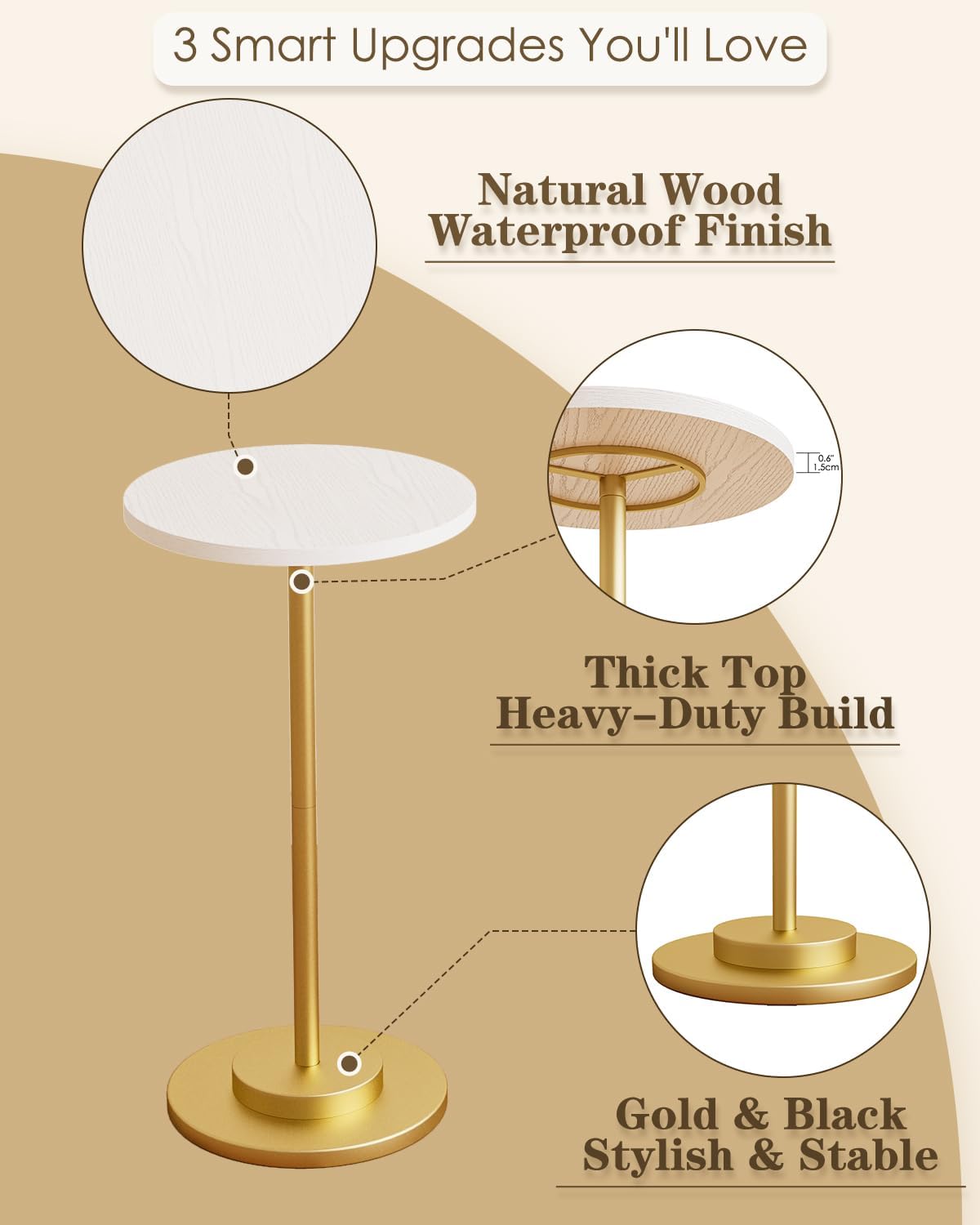 Masupu Drink Table, Round Side Table for Small Spaces, Pedestal Side Table, Small End Table with