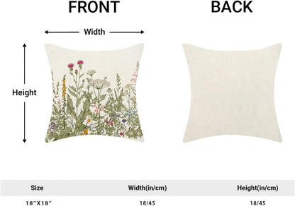 Spring Floral Pillow Covers 18 x 18 Inch Set of 2 Vintage Sage Green Wild Flowers Decor Throw