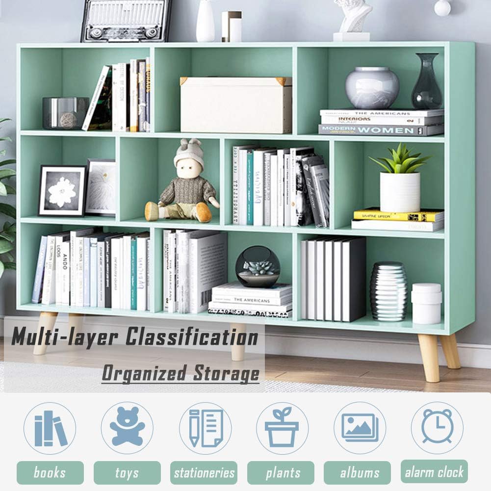 IOTXY Wooden Open Shelf Bookcase - 3-Tier Floor Standing Display Cabinet Rack with Legs, 10 Cubes