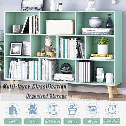 IOTXY Wooden Open Shelf Bookcase - 3-Tier Floor Standing Display Cabinet Rack with Legs, 10 Cubes