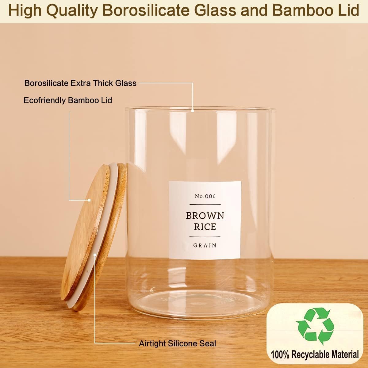 3 Pcs Glass Canisters with Airtight Bamboo Lids and 42 Kitchen Pantry Labels Preprinted - Clear