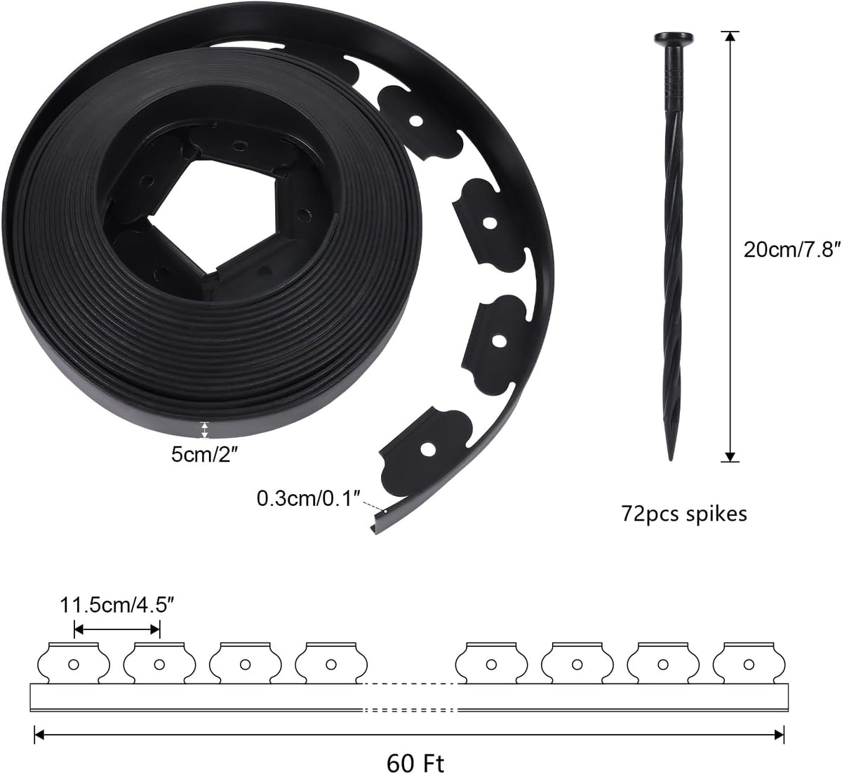 No Dig Durable Garden Landscape Edging Kit, 2 Inch Tall Black Plastic Lawn Border with 72pcs