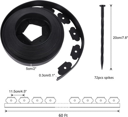 No Dig Durable Garden Landscape Edging Kit, 2 Inch Tall Black Plastic Lawn Border with 72pcs