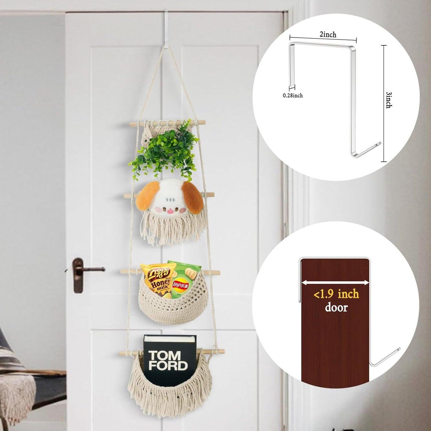 4 Tier Hanging Fruit Basket for Kitchen, Beige Boho Cotton Rope Crocheted Fruit Holder for Bathroom