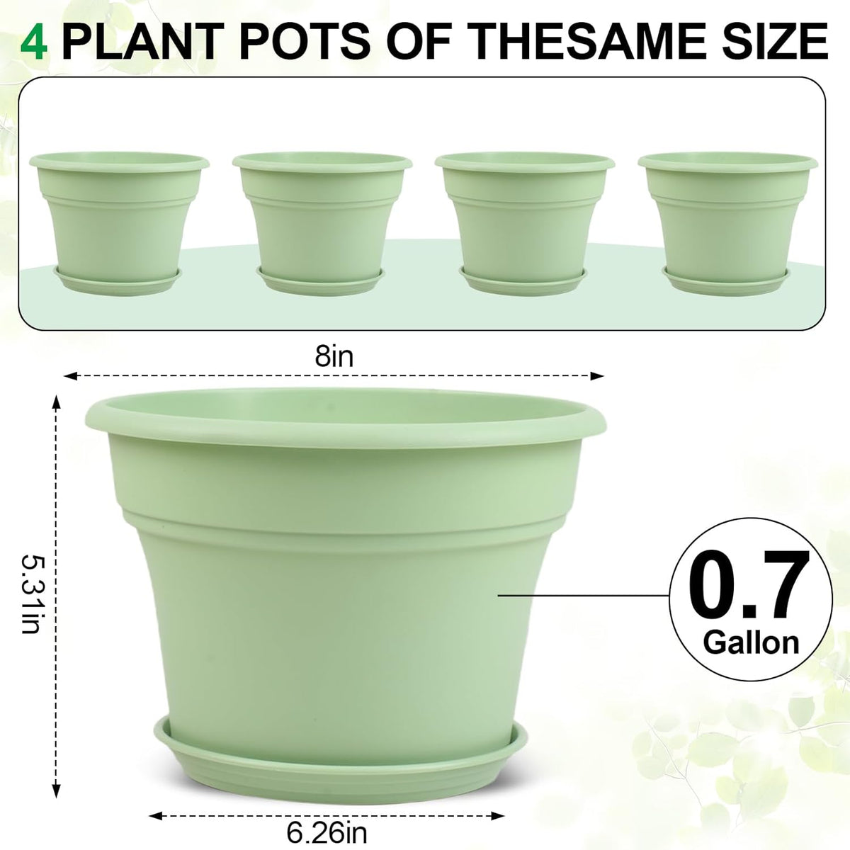 8 Inch Plastic-Flower Pot-for-Indoor Plants, 4 Pack Large Outdoor Planter Pot with Drainage Holes &