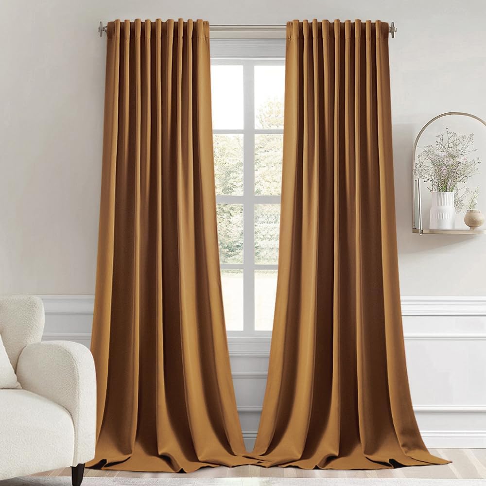 MIULEE Golden Brown Back Tab Blackout Curtain 96 Inch Long 2 Panels Set for Bedroom, Rod