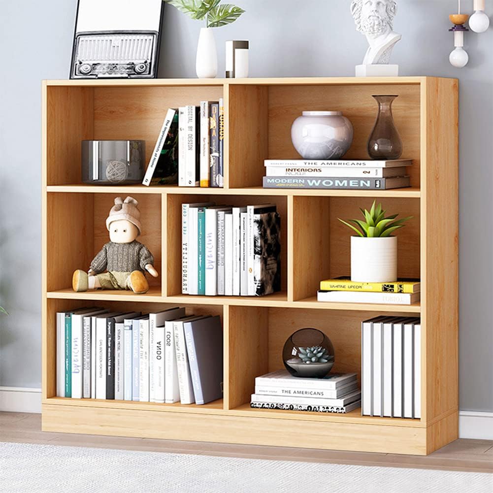 IOTXY Open Shelf Low Bookcase - Wooden 3-Tier Floor Standing Display Cabinet Organizer with Base, 7