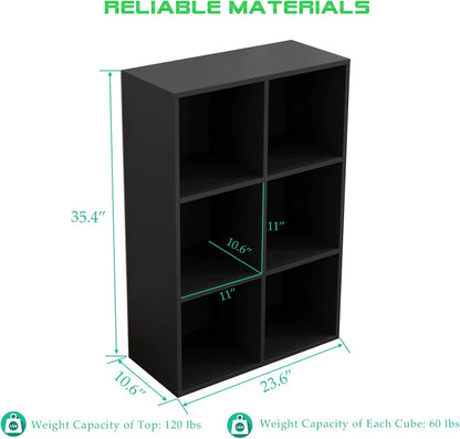 6-Cube Storage Shelf Bookcase - Wooden 3-Tier Floor Standing Open Bookshelf for Home and Office