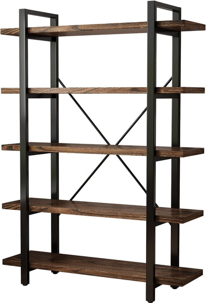 5-Tier Industrial Style Solid Wood Bookcase and Book Shelves,Rustic Wood and Metal Shelving Unit，