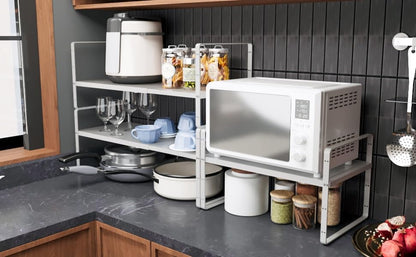 16.5~27.1" Expandable Shelf Organizer, 1Pack 8.1" Wide Stackable Cabinet Shelf Organizers, White