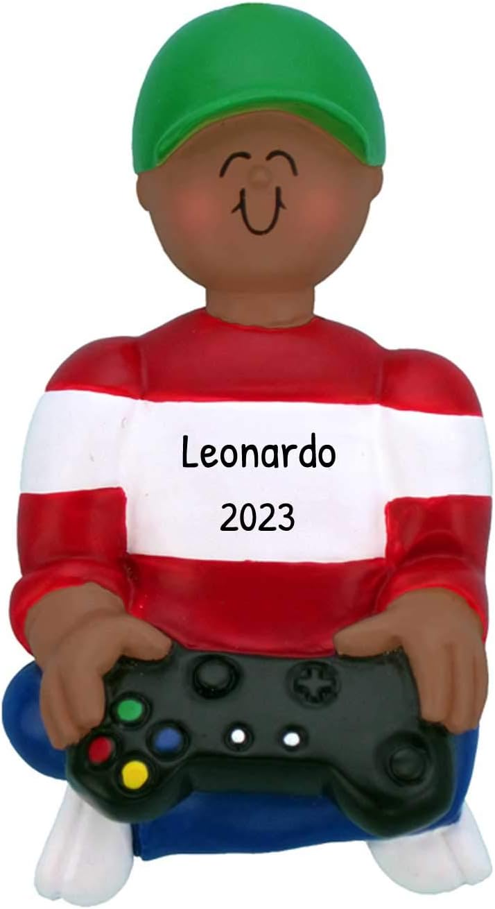 Personalized Video Game Ornaments 2024 - African American Boy Gamer Ornaments for Christmas Tree